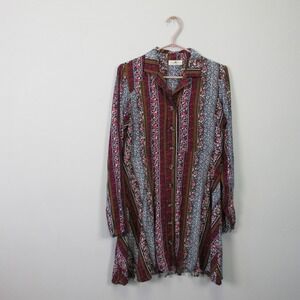 Natural Life Shirt Dress S 100% Rayon Button Red Floral Long Sleeve Boho 300